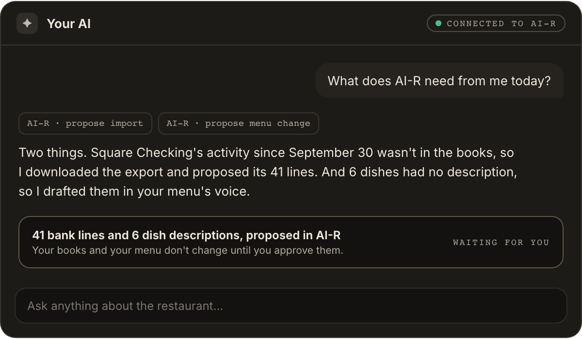 Sample chat with the owner's own AI, connected to AI-R: it proposed 41 Square Checking lines and 6 dish descriptions, both waiting for the owner's approval