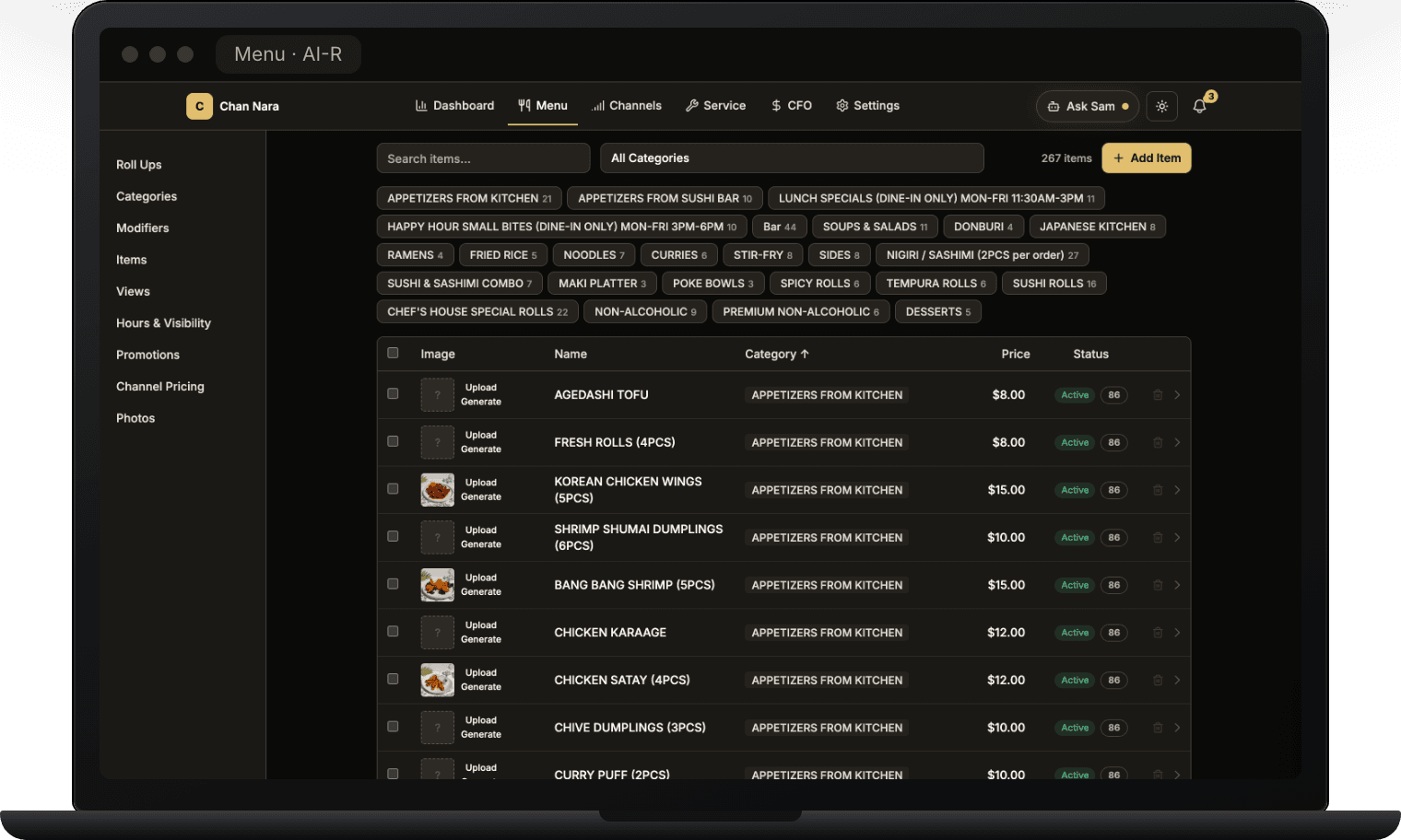 AI-R's real Menu page on a laptop, in the browser: category filters and the item list, with dish photos, prices and status